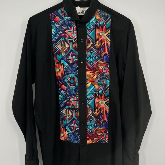 VTG Chaplin Southwestern Western Rodeo Aztec Black Button Long Sleeve Embelished - Picture 2 of 8
